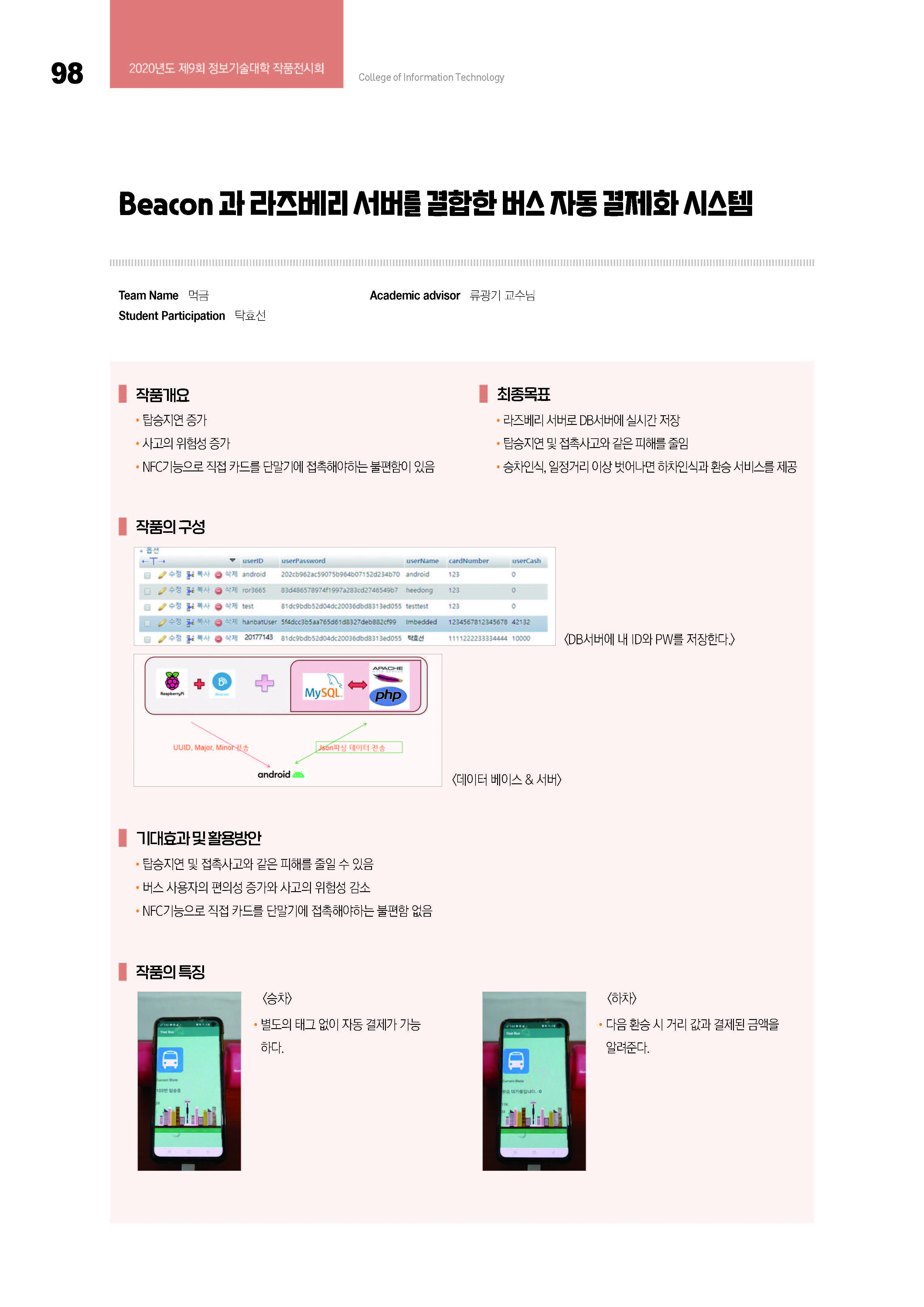 [2020-45] Beacon과 라즈베리 서버를 결합한 버스 자동 결제화 시스템(류광기교수님 지도) 이미지